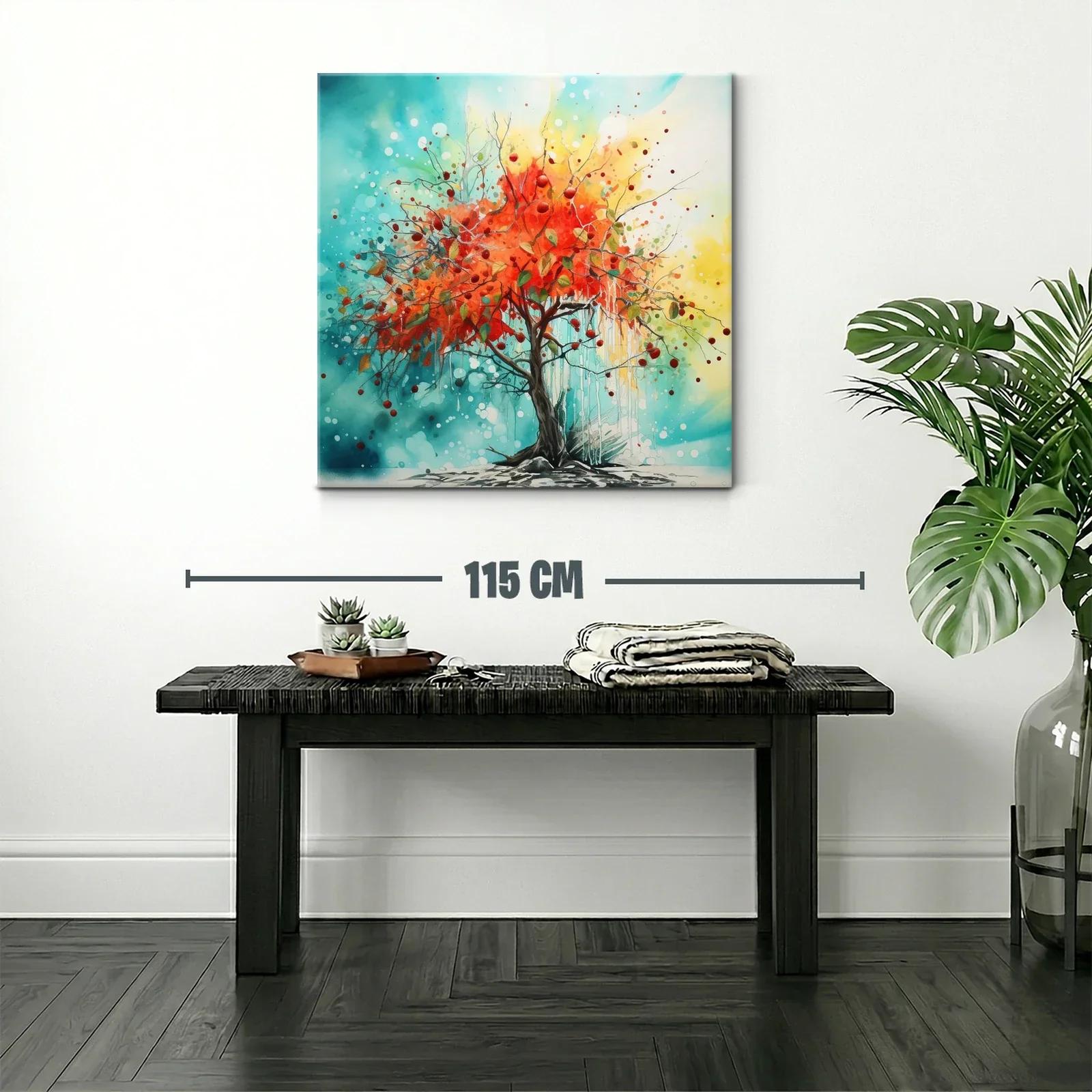 Árbol vibrante con hojas rojas en fondo azul y amarillo — miniatura 2