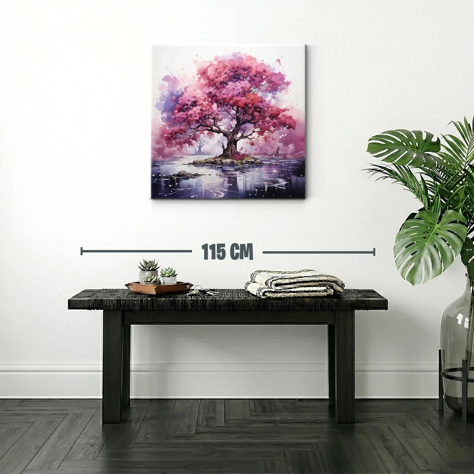 Árbol rosa vibrante sobre isla en lago sereno — miniatura 2