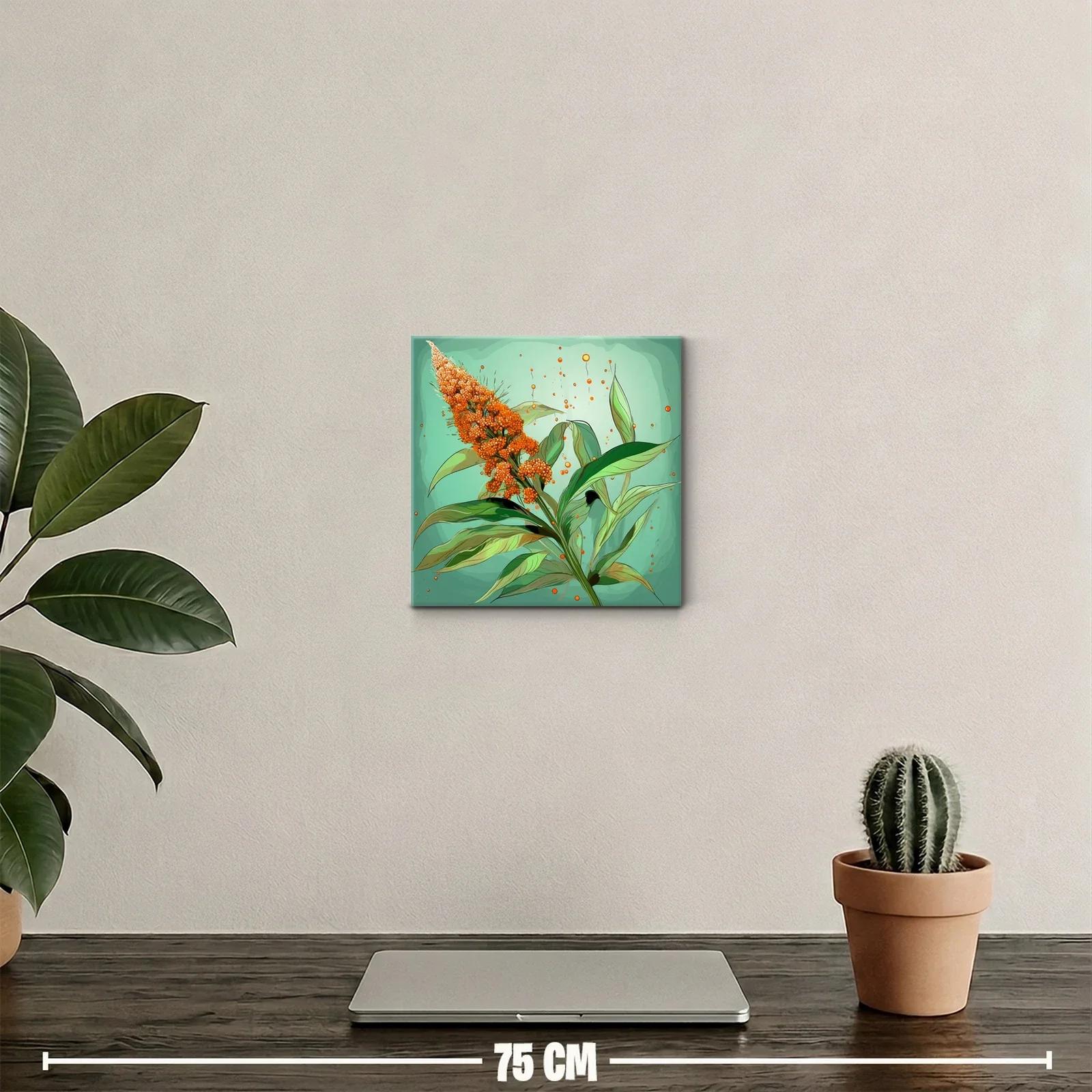Cuadro decorativo con flor naranja vibrante y hojas verdes — miniatura 2