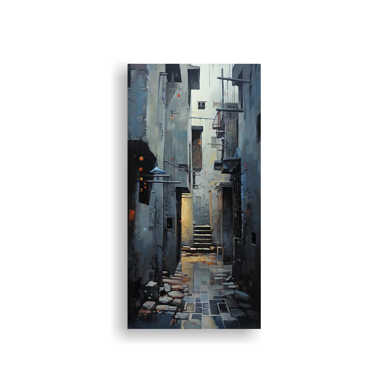 Cuadro callejón urbano estrecho con adoquines y luces cálidas — imagen principal