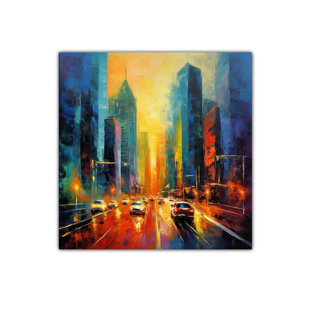 Atardecer vibrante en ciudad urbana con tráfico iluminado — imagen principal