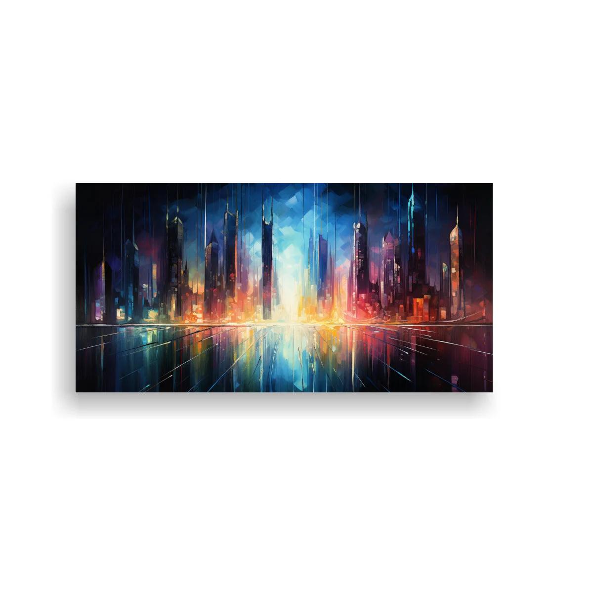 Cuadro skyline urbano futurista reflejado en superficie lisa — imagen principal