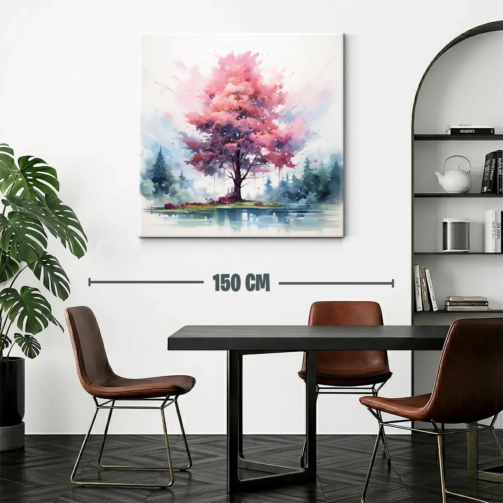 Árbol rosa vibrante junto a lago en paisaje sereno — miniatura 2