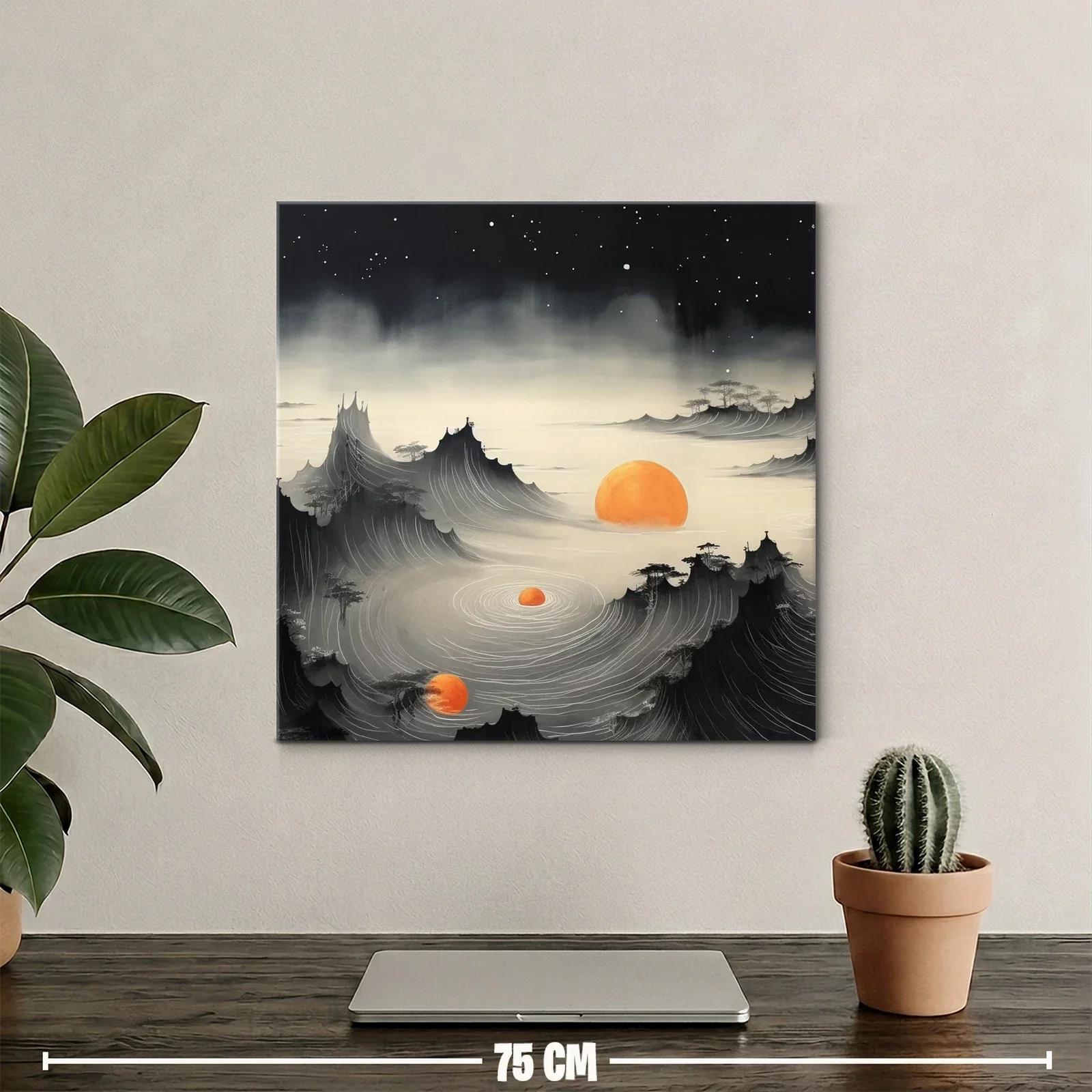 Paisaje onírico con montañas y soles naranjas brillantes — miniatura 2