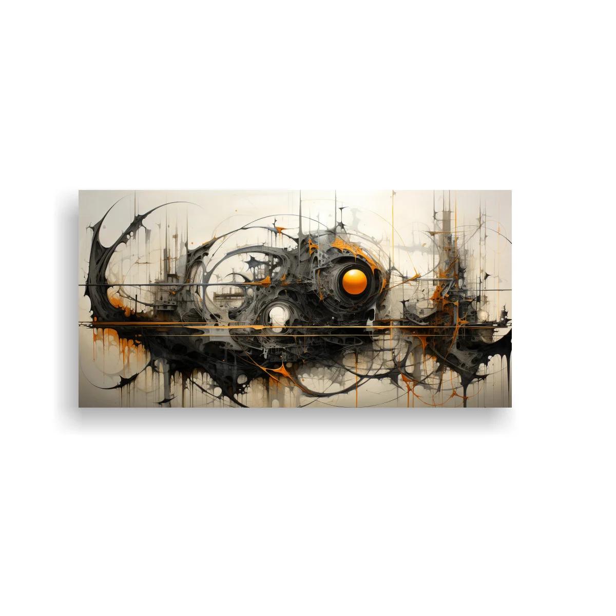 Cuadro abstracción mecánica con núcleo circular naranja — imagen principal