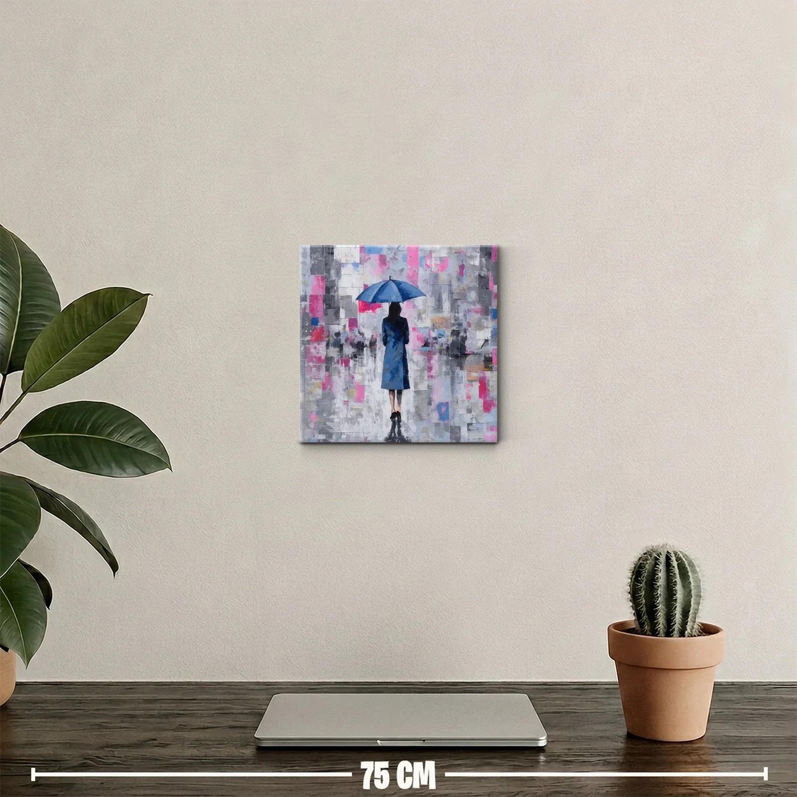 Mujer con paraguas azul en paisaje urbano abstracto — miniatura 2