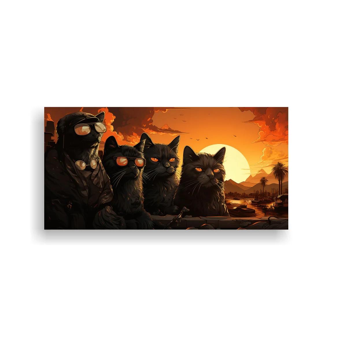 Cuadro cuatro gatos negros con ojos brillantes y sol poniente — imagen principal