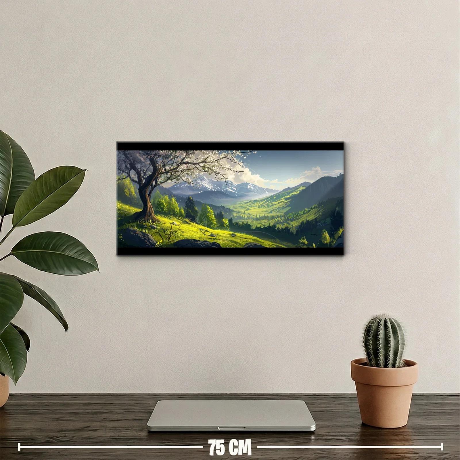 Cuadro valle de montaña con pradera verde y flores claras — miniatura 2
