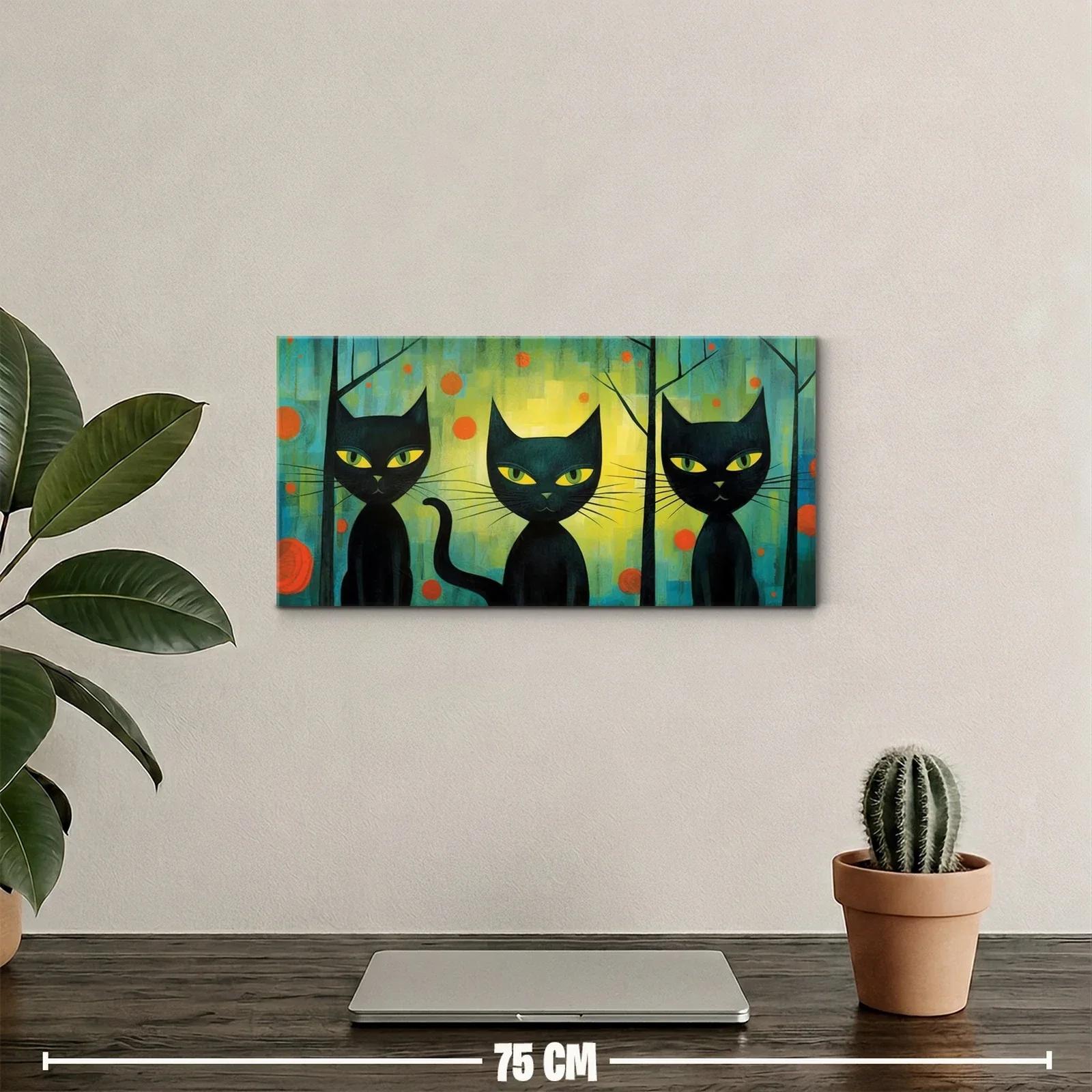 Cuadro tres gatos negros entre troncos y halo dorado — miniatura 2