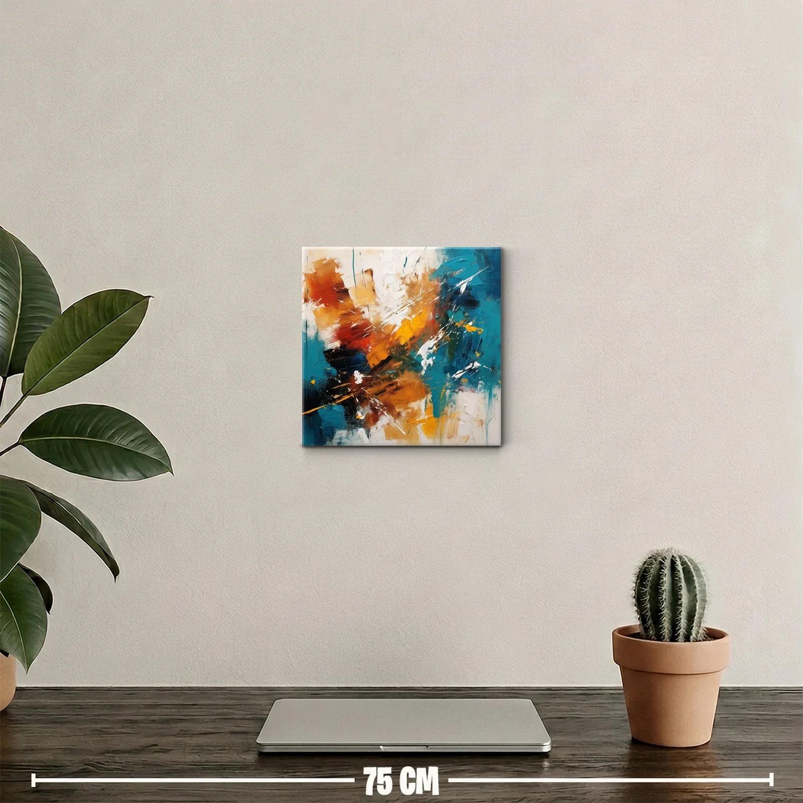 Cuadro abstracto con tonos cálidos y azul turquesa vibrante — miniatura 2
