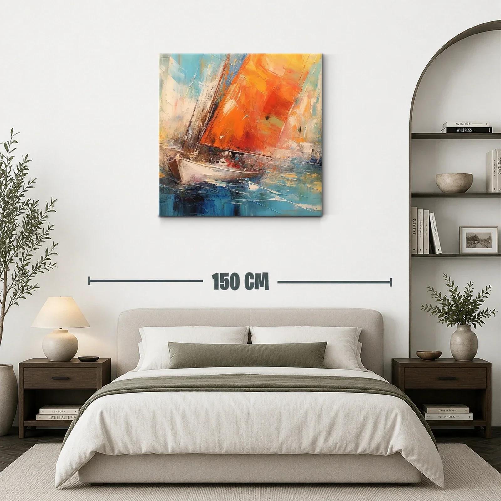 Cuadro barco con velas naranjas surcando el mar azul — miniatura 3