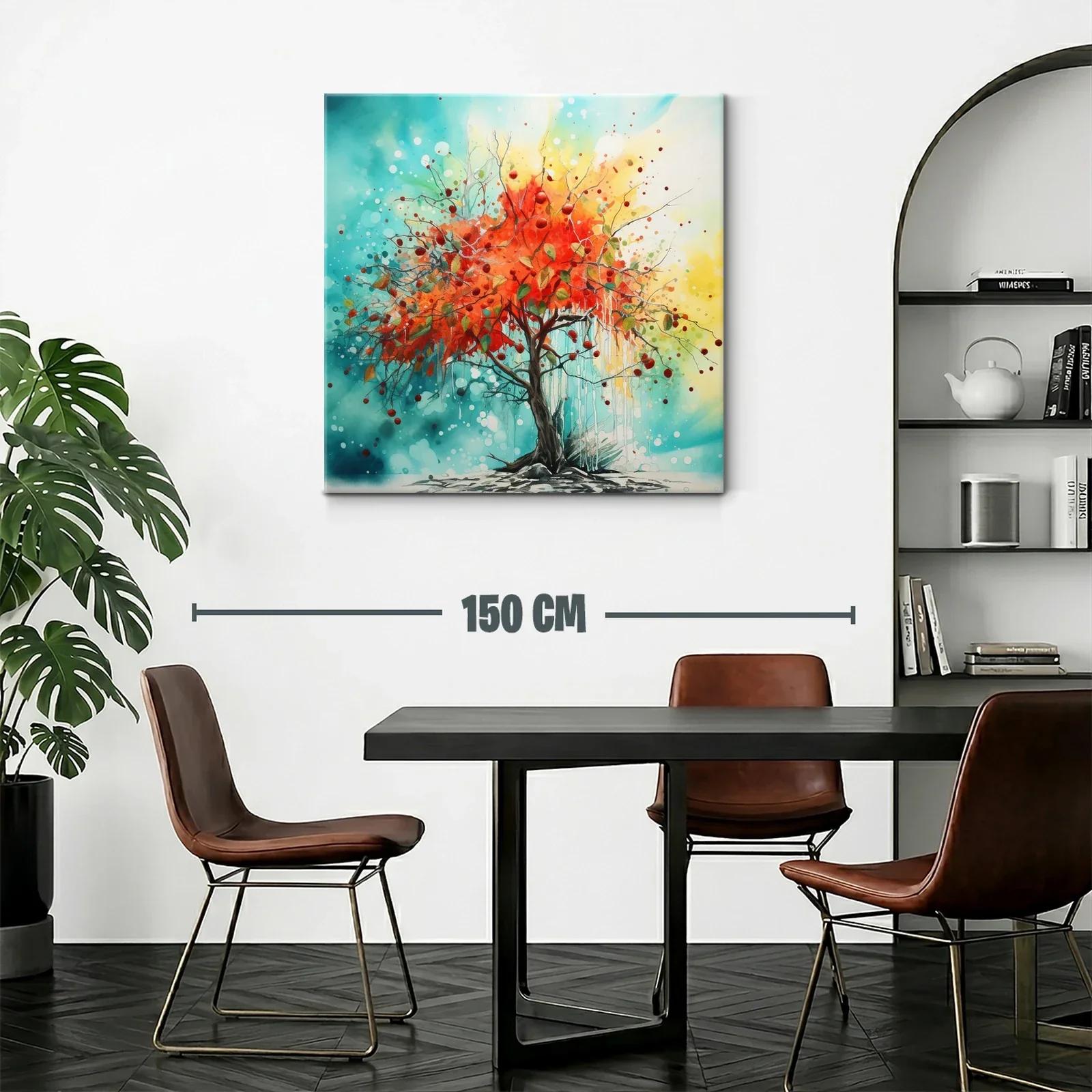 Árbol vibrante con hojas rojas en fondo azul y amarillo — miniatura 2