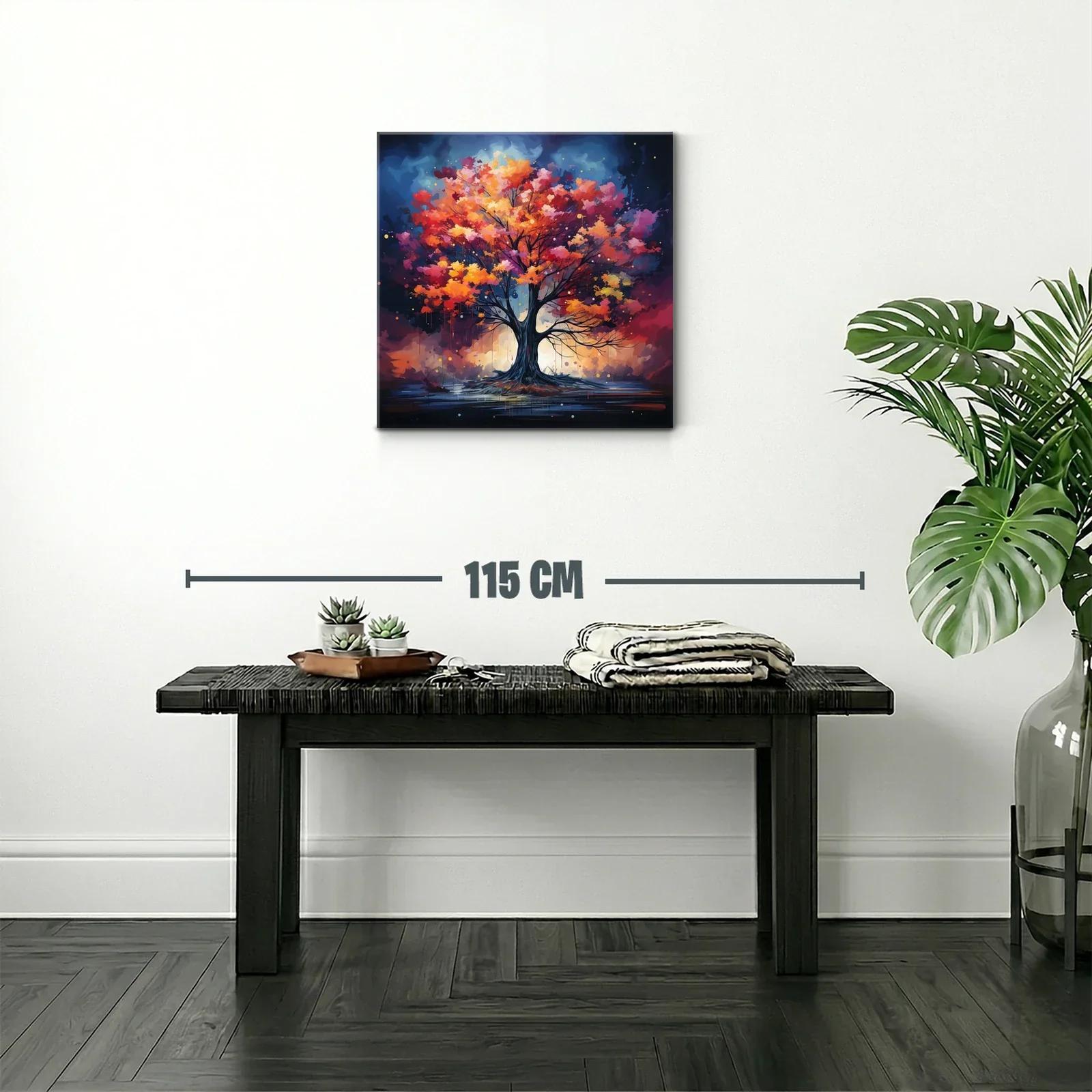 Árbol vibrante con hojas en tonos cálidos y fondo celestial — miniatura 2