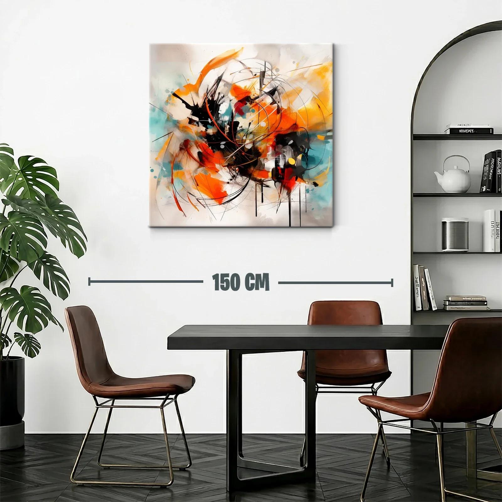 Cuadro abstracto con trazos vibrantes en naranja y turquesa — miniatura 2
