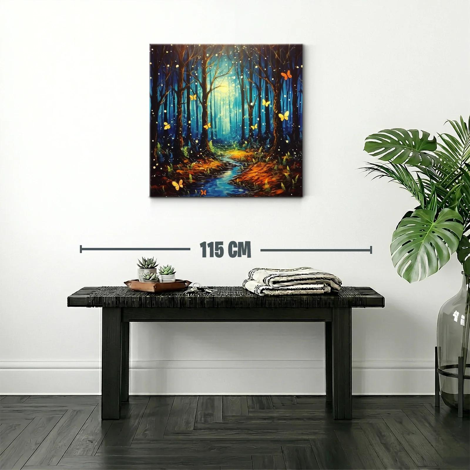 Bosque encantado con mariposas iluminadas y sendero azul — miniatura 2