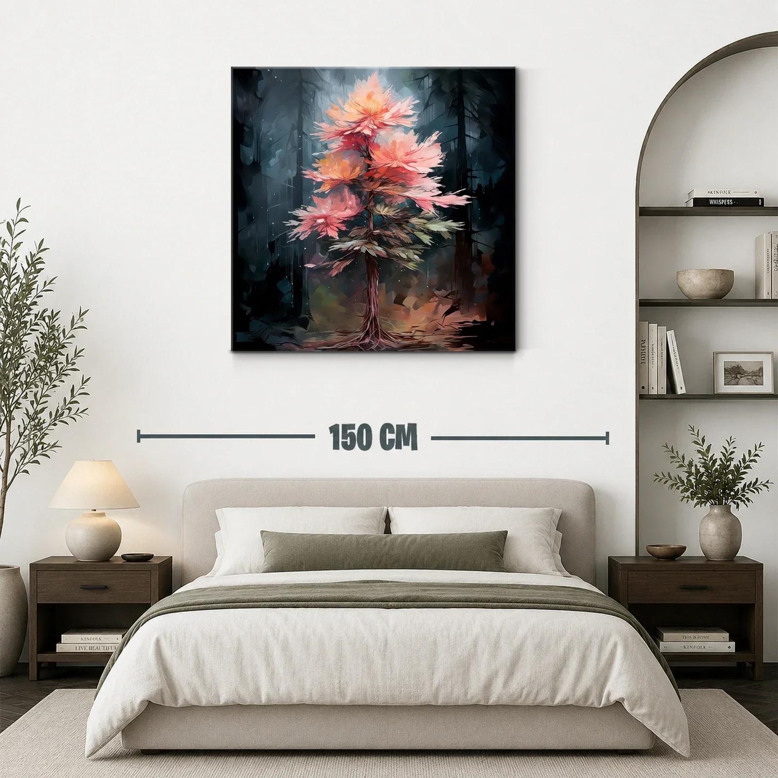 Árbol con flores en tonos cálidos sobre fondo oscuro — miniatura 3