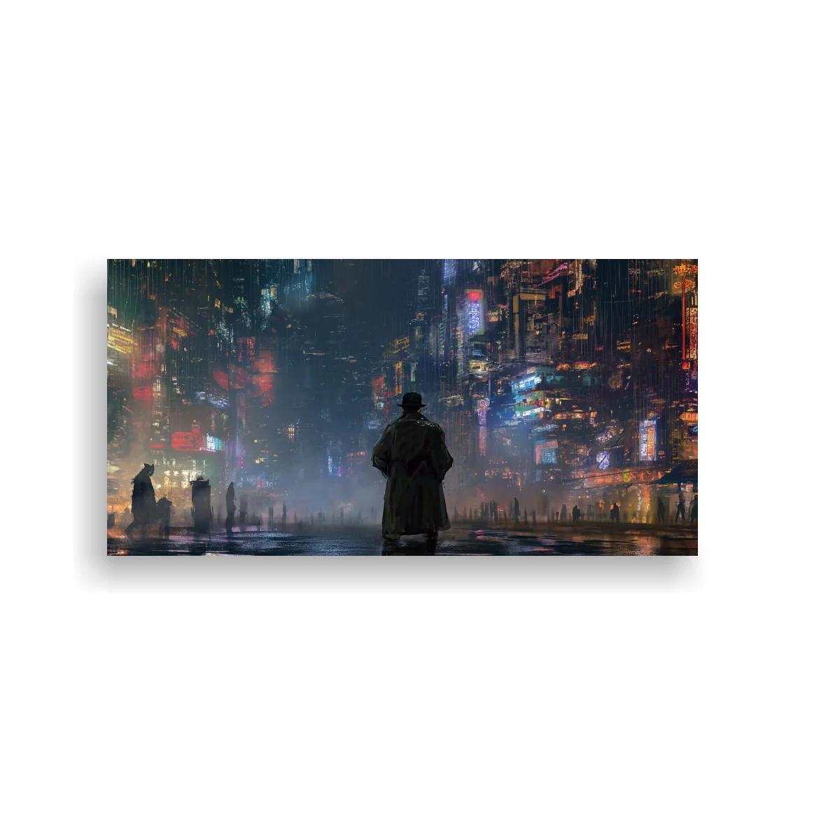 Cuadro figura solitaria con abrigo en ciudad nocturna — imagen principal