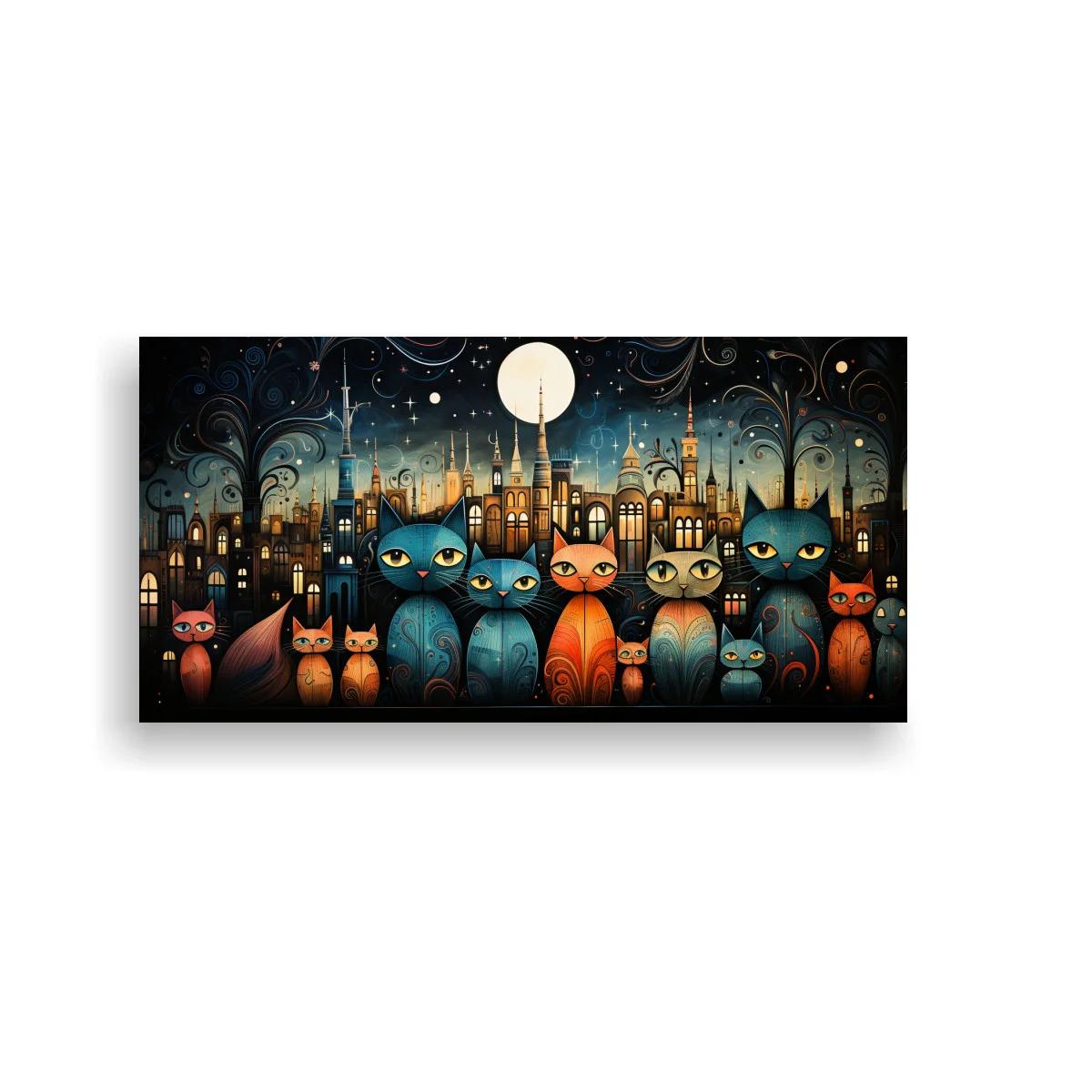 Cuadro gatos en ciudad nocturna con farolas altas — imagen principal