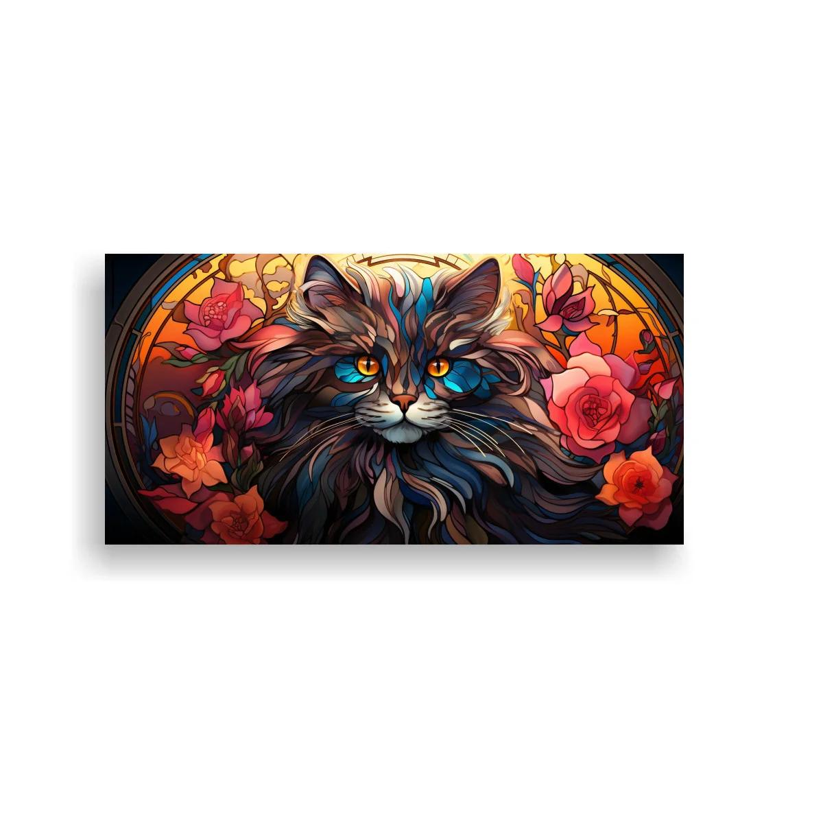 Cuadro gato de pelo largo con halo circular y flores — imagen principal