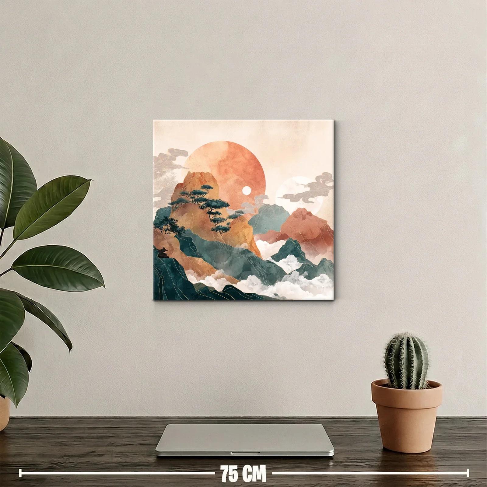 Paisaje de montañas con sol y niebla en tonos cálidos — miniatura 2