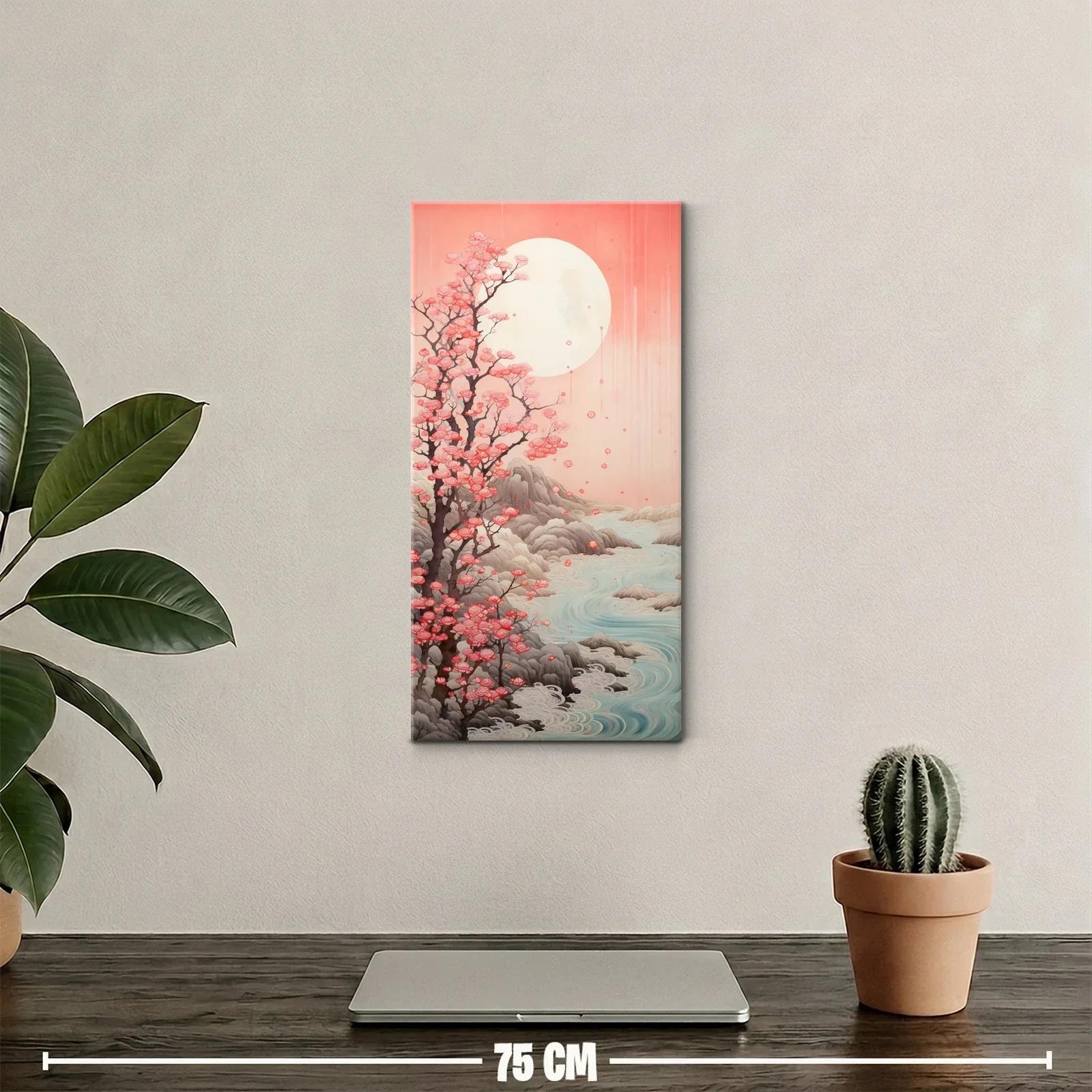 Cuadro cerezo en flor con luna llena y río sereno — miniatura 2