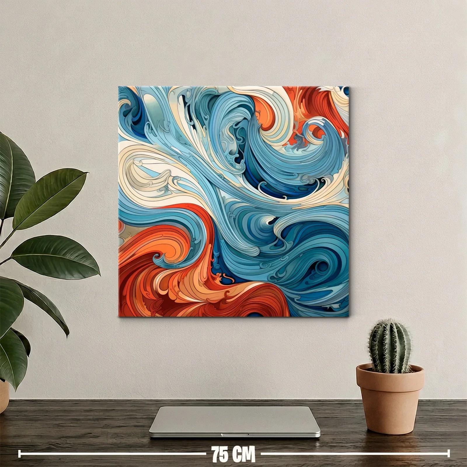 Cuadro abstracto con dinámicas formas ondulantes en tonos cálidos y fríos — miniatura 2