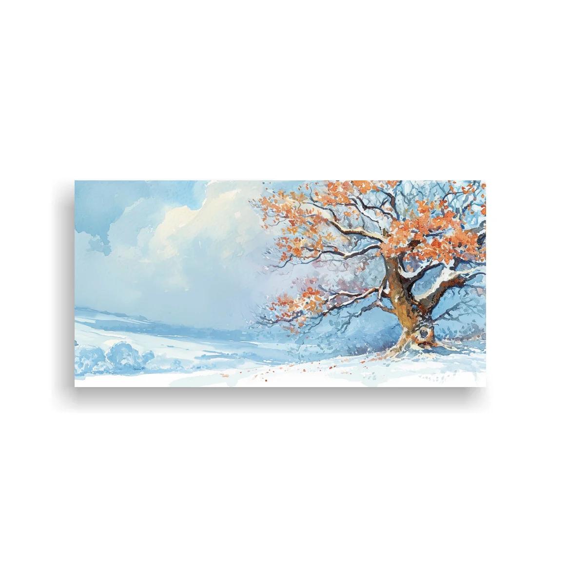 Cuadro árbol invernal con hojas anaranjadas y campo nevado — imagen principal