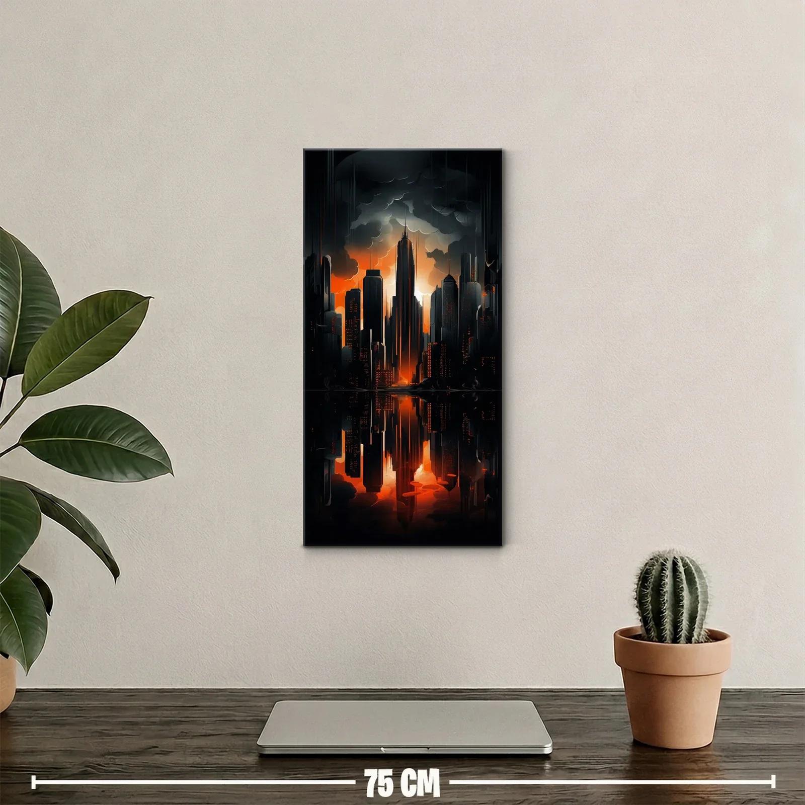 Cuadro skyline urbano con relámpago y reflejo naranja — miniatura 2