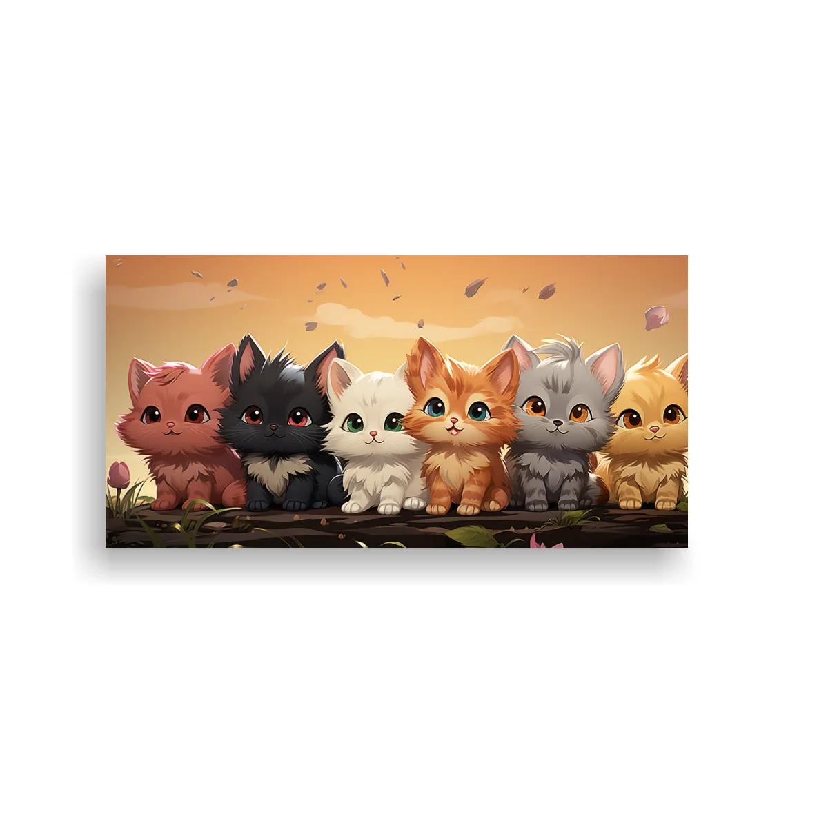 Cuadro cinco gatitos con paisaje natural y cielo cálido — imagen principal