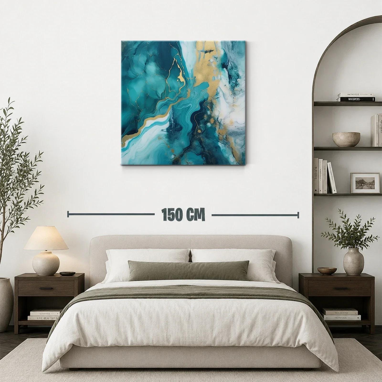 Cuadro abstracto con tonos turquesa y dorado — miniatura 3