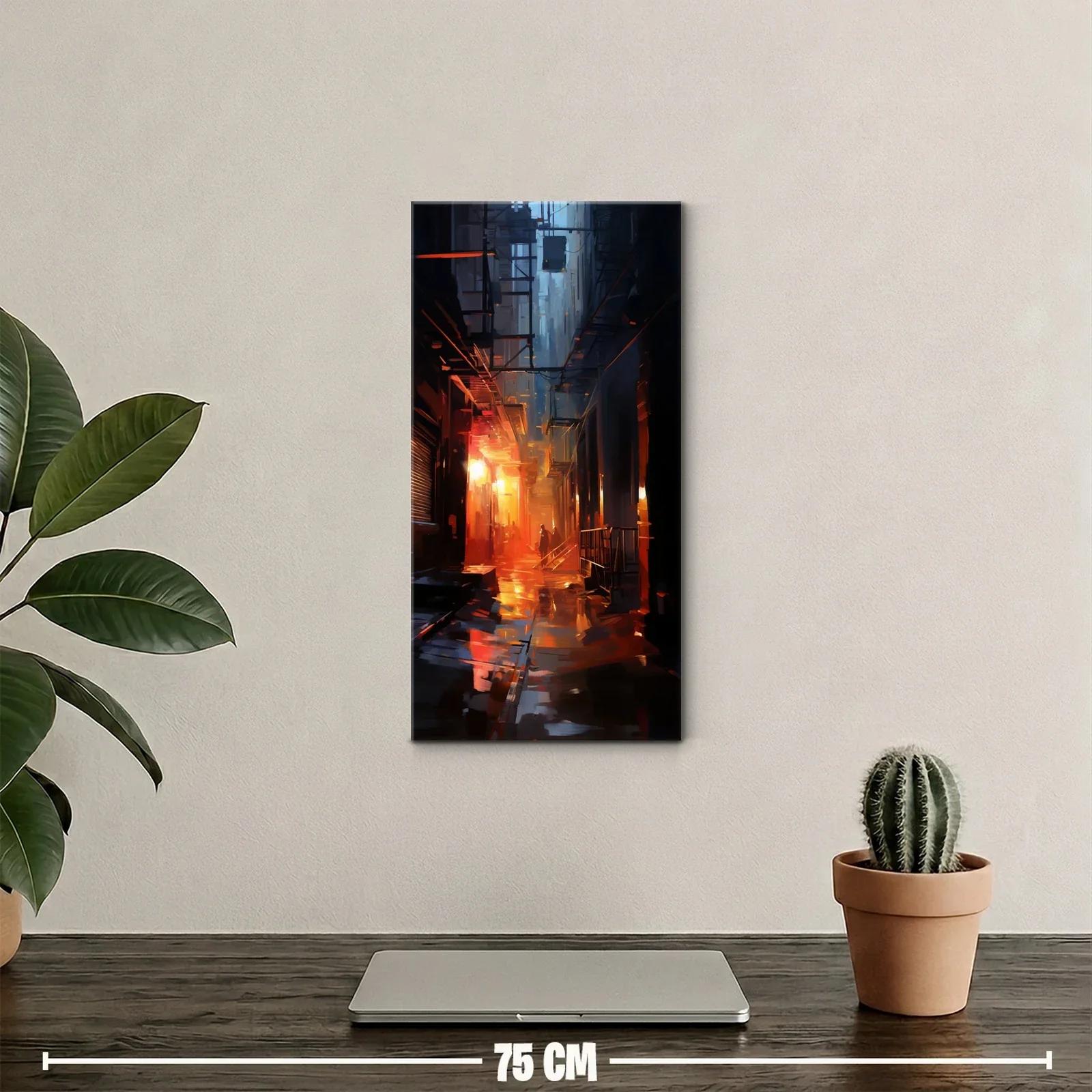 Cuadro callejón urbano lluvioso con reflejos cálidos — miniatura 2