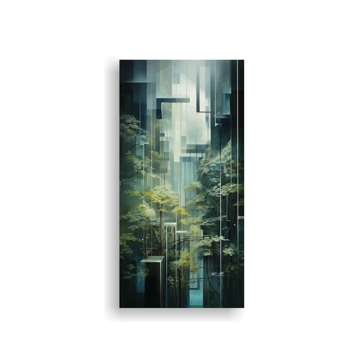 Cuadro bosque vertical futurista con niebla y luz pálida — imagen principal