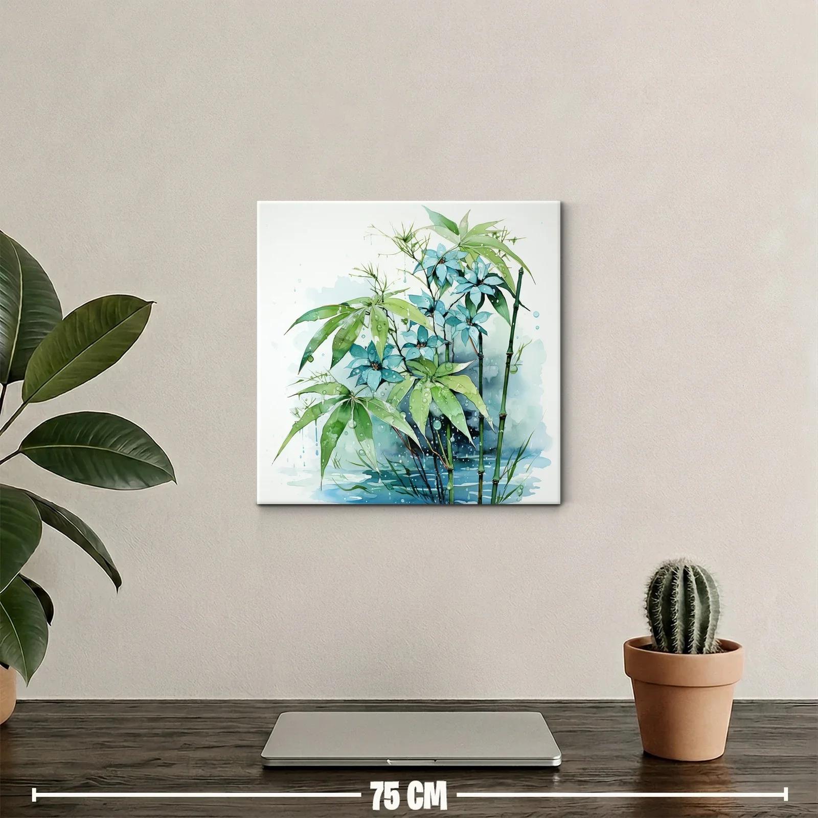 Cuadro con flores azules y hojas verdes en ambiente húmedo — miniatura 2