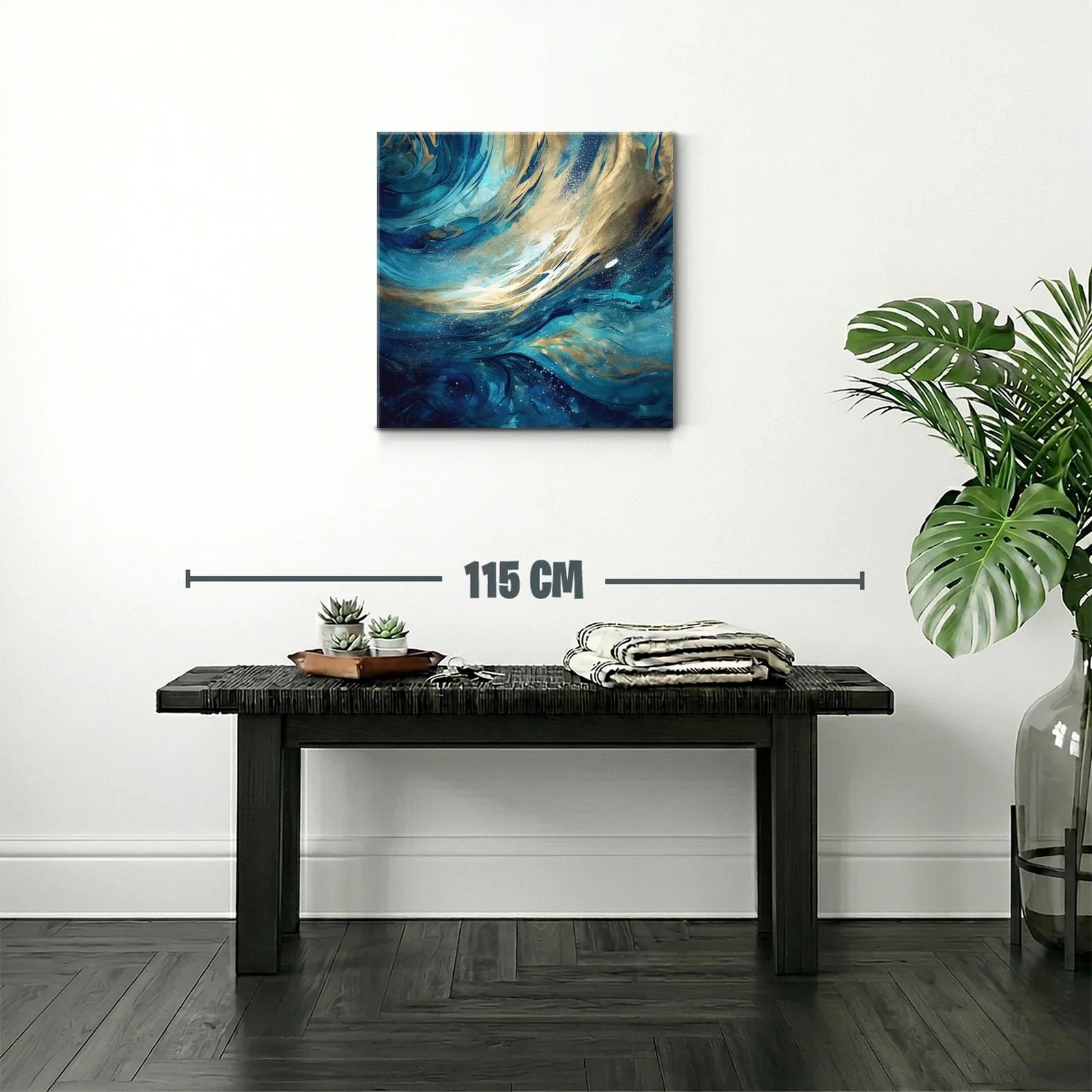 Cuadro abstracto con ondas dinámicas en tonos azul y dorado — miniatura 2
