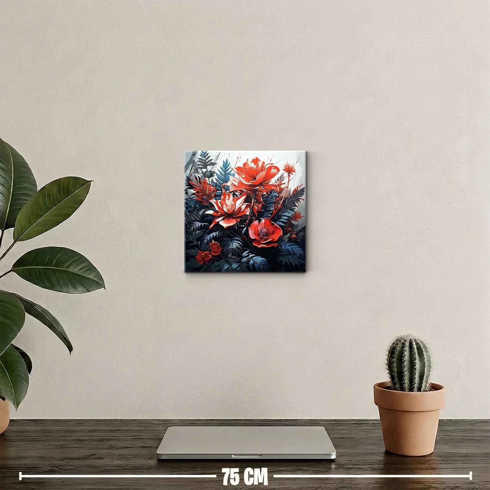 Cuadro vibrante con flores rojas y hojas azuladas — miniatura 2