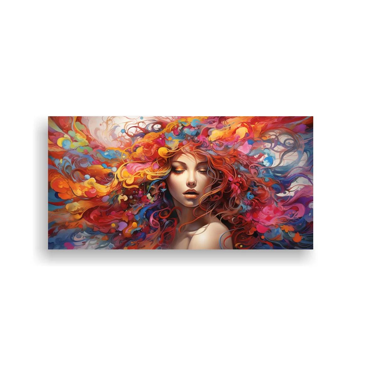 Cuadro rostro de mujer con cabello multicolor y formas abstractas — imagen principal