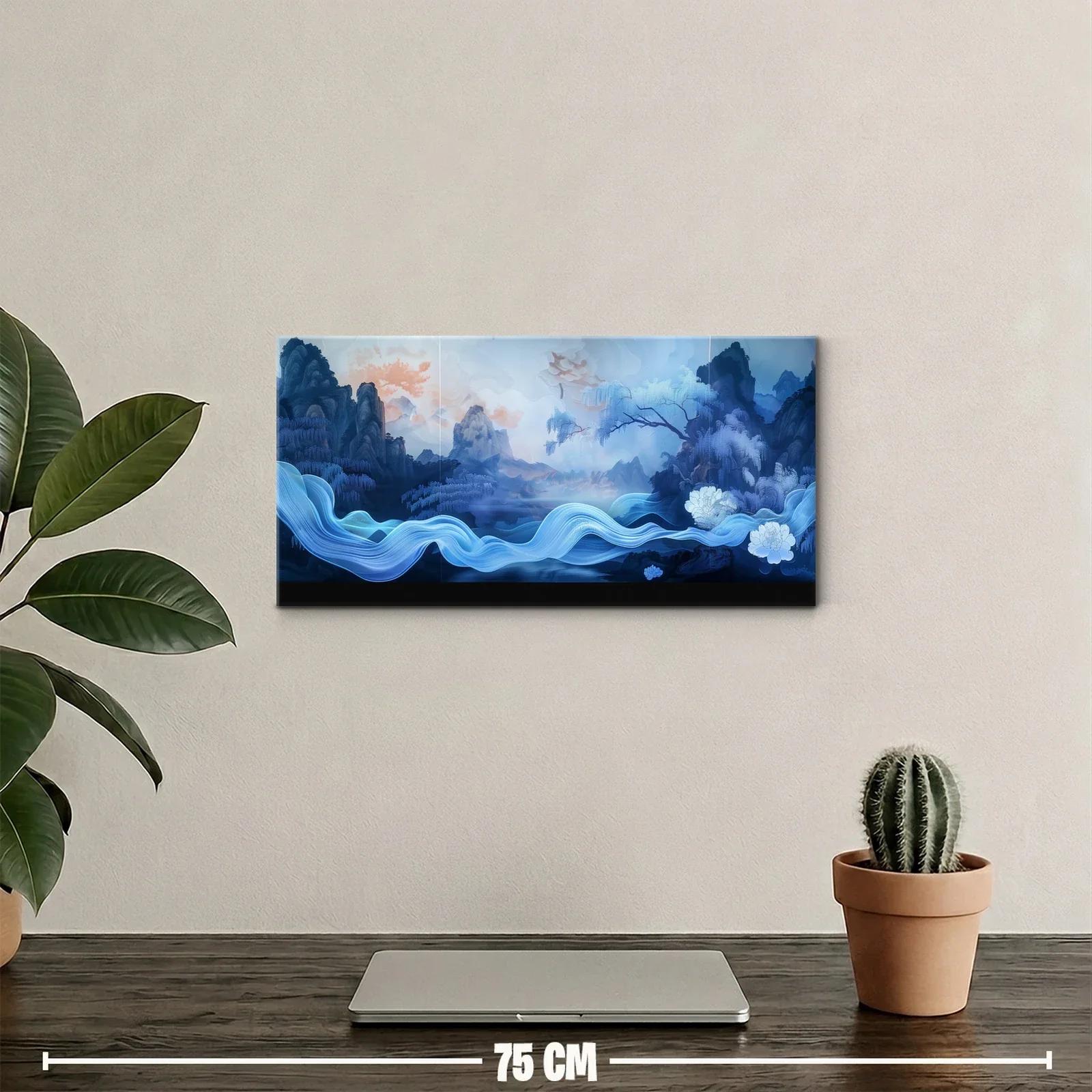 Cuadro paisaje de montañas con olas azules y flores blancas — miniatura 2