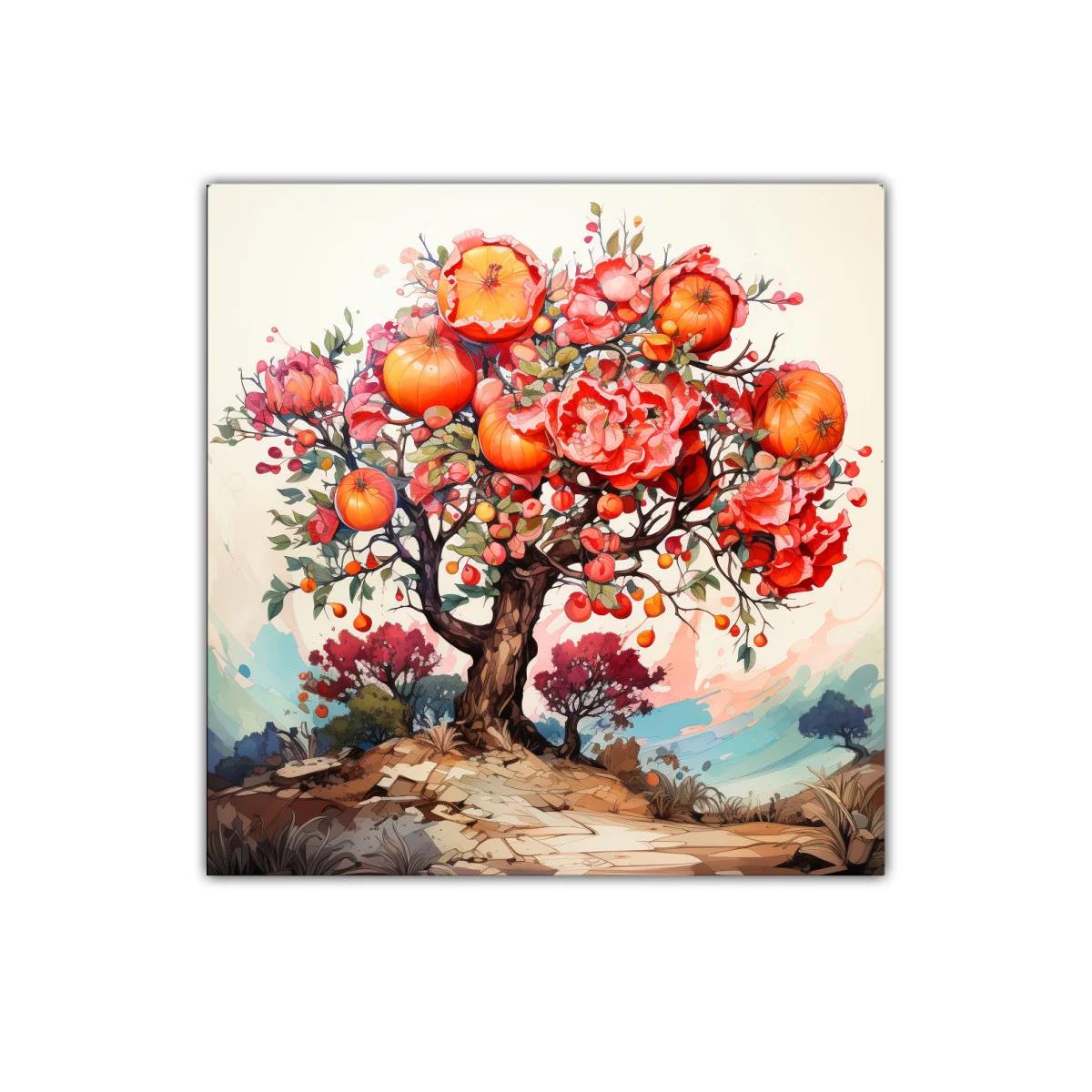 Árbol vibrante con flores y frutos en tonos cálidos — miniatura 1