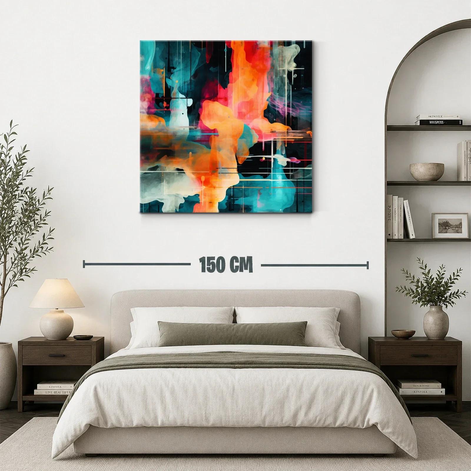 Cuadro abstracto en tonos vibrantes con formas fluidas y líneas sutiles — miniatura 3