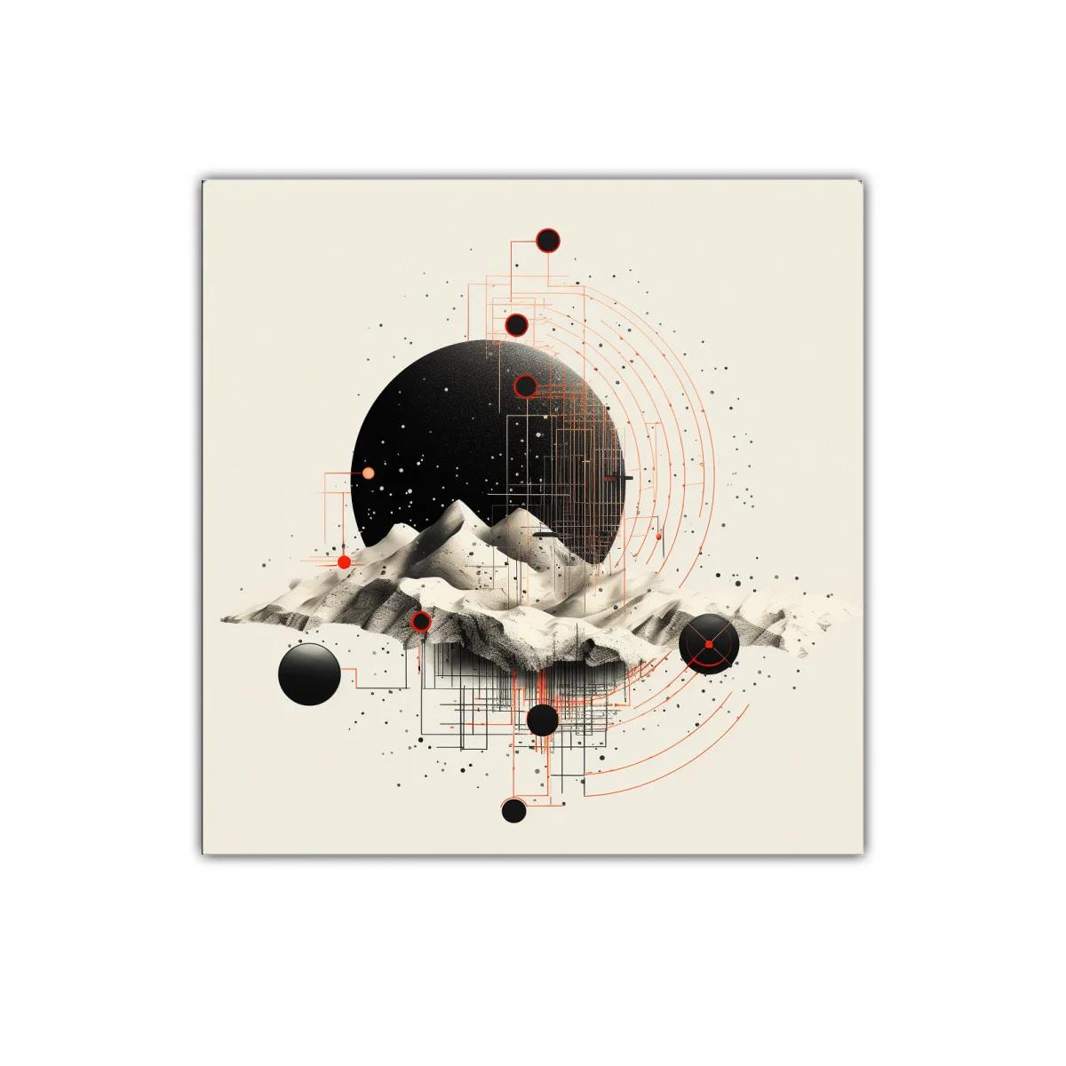 Cuadro abstracto con montañas y formas geométricas futuristas — imagen principal