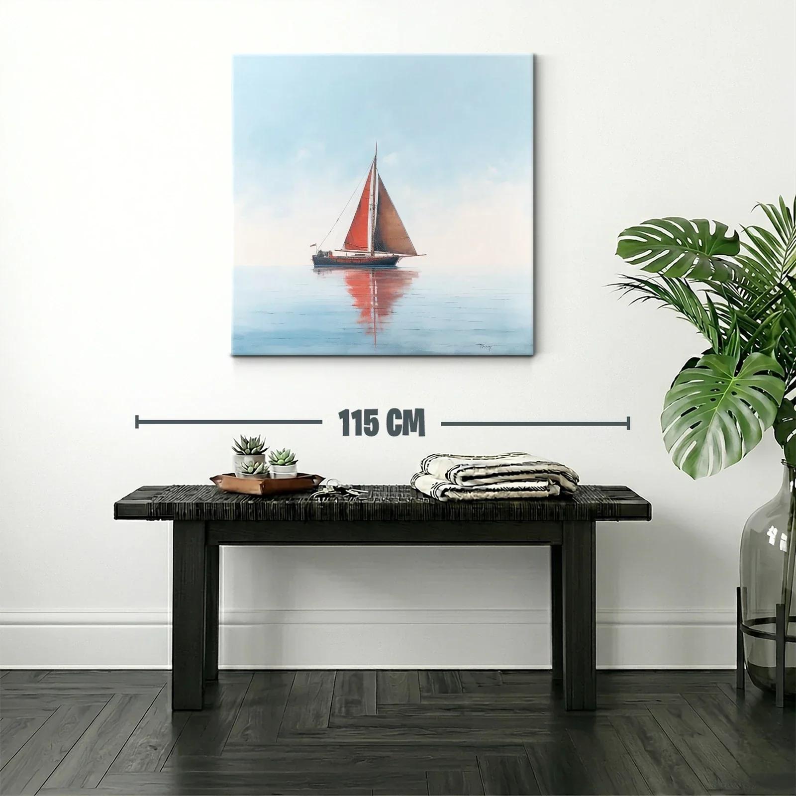 Velero con vela roja en mar tranquilo y cielo claro — miniatura 2