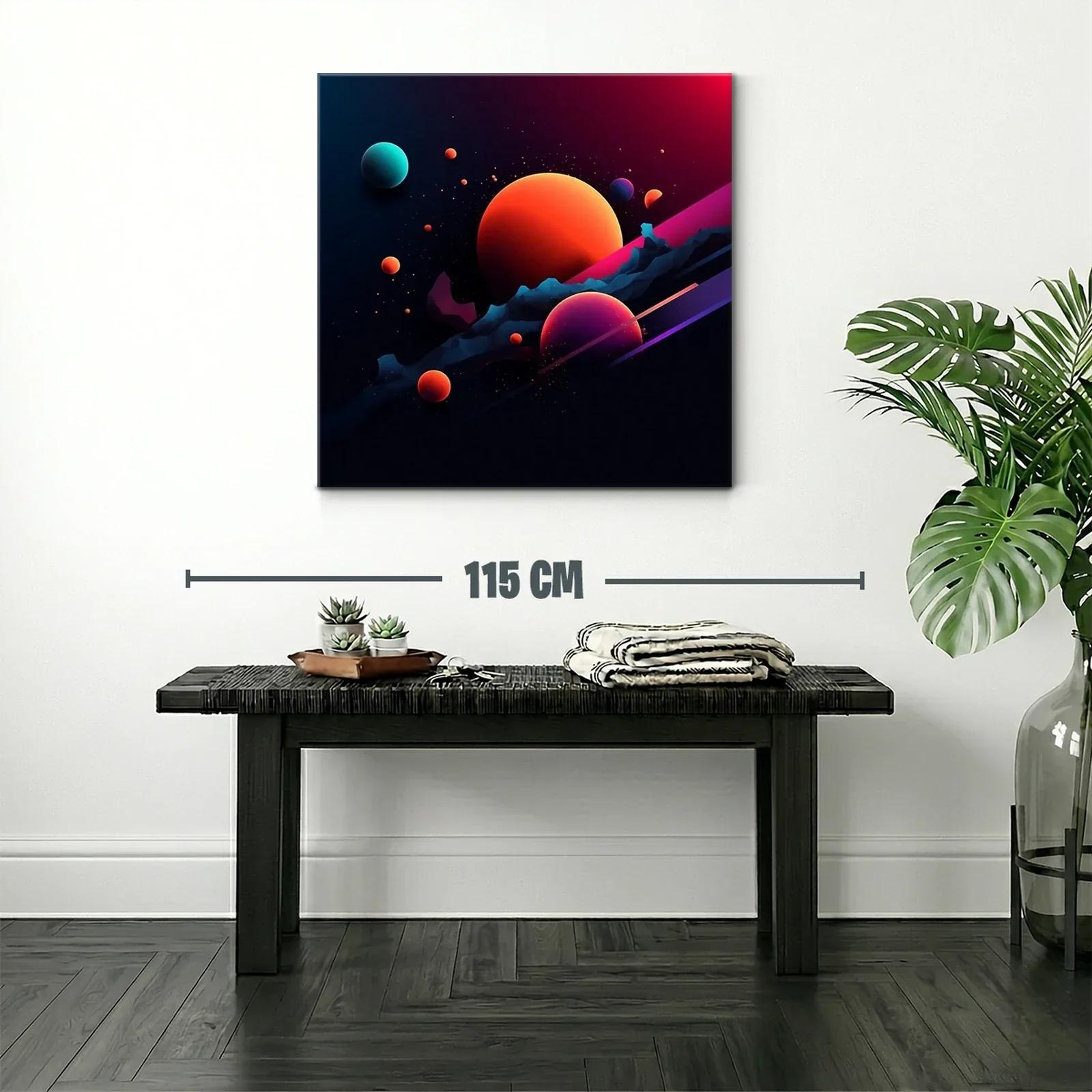 Cuadro abstracto con planetas vibrantes en espacio oscuro — miniatura 2