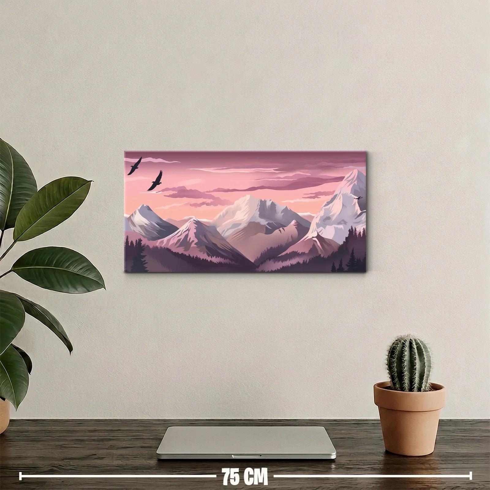 Cuadro cordillera nevada con bosque oscuro y aves recortadas — miniatura 2