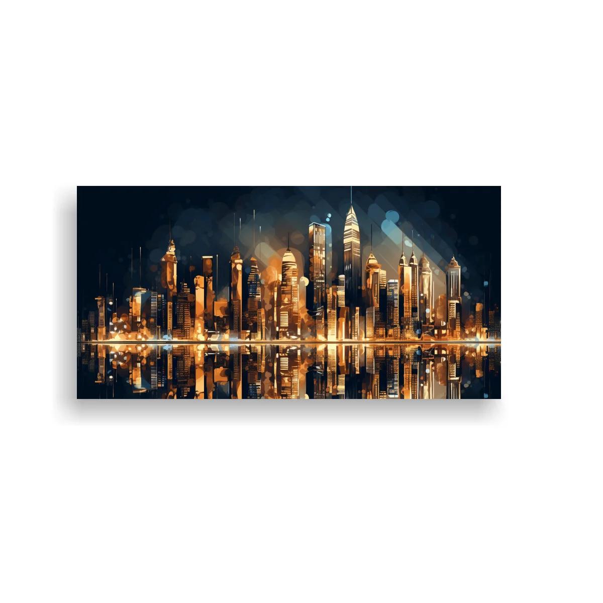 Cuadro skyline urbano nocturno con reflejo simétrico — imagen principal