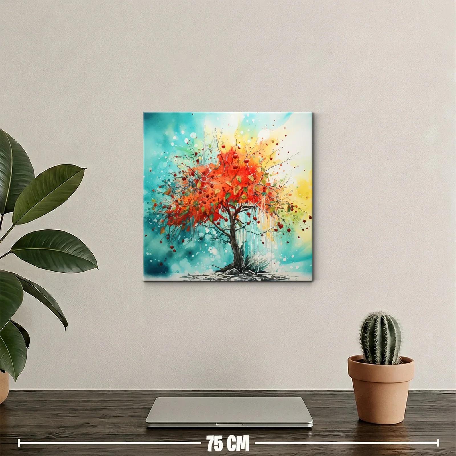 Árbol vibrante con hojas rojas en fondo azul y amarillo — miniatura 2