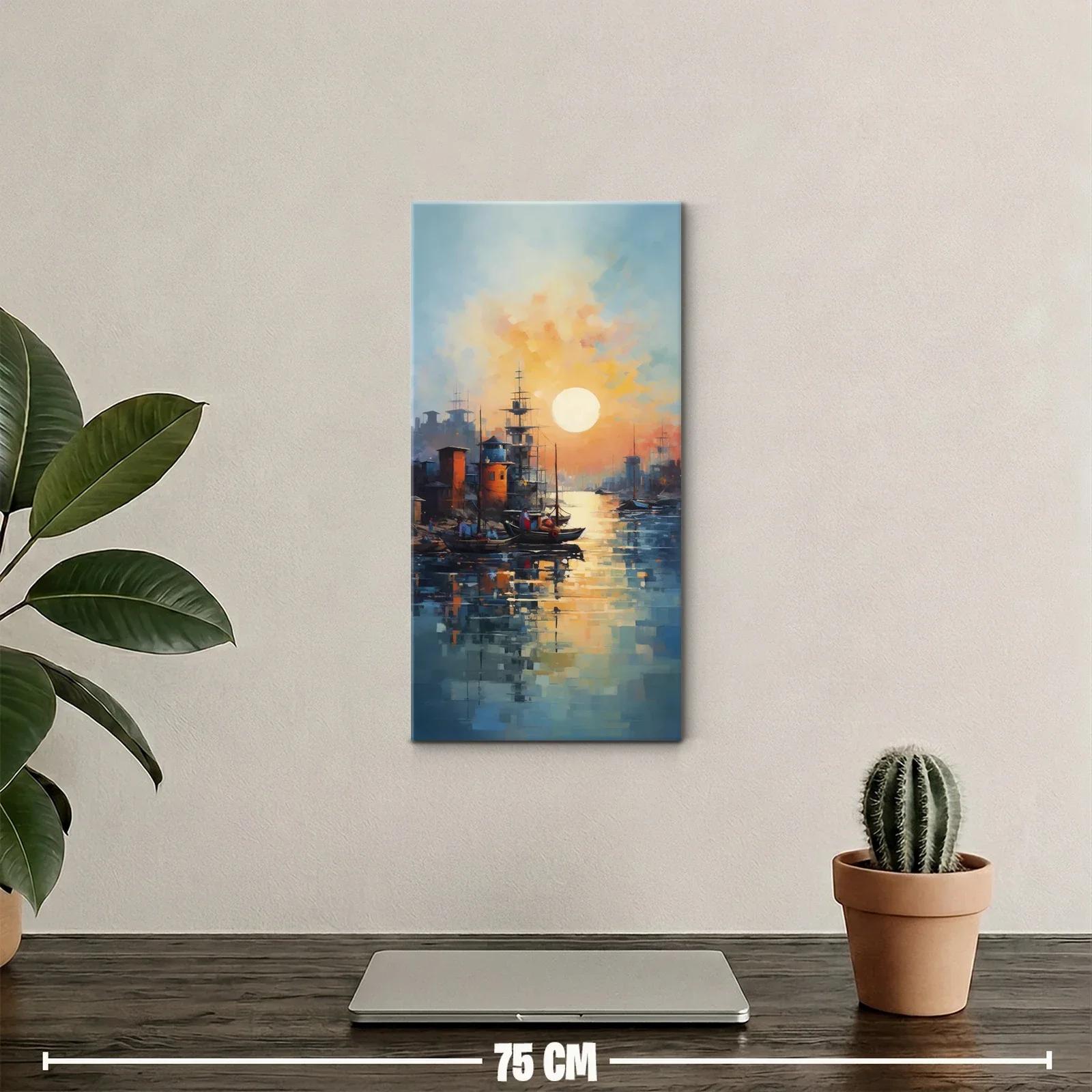 Cuadro barcos en puerto al atardecer con sol bajo — miniatura 2