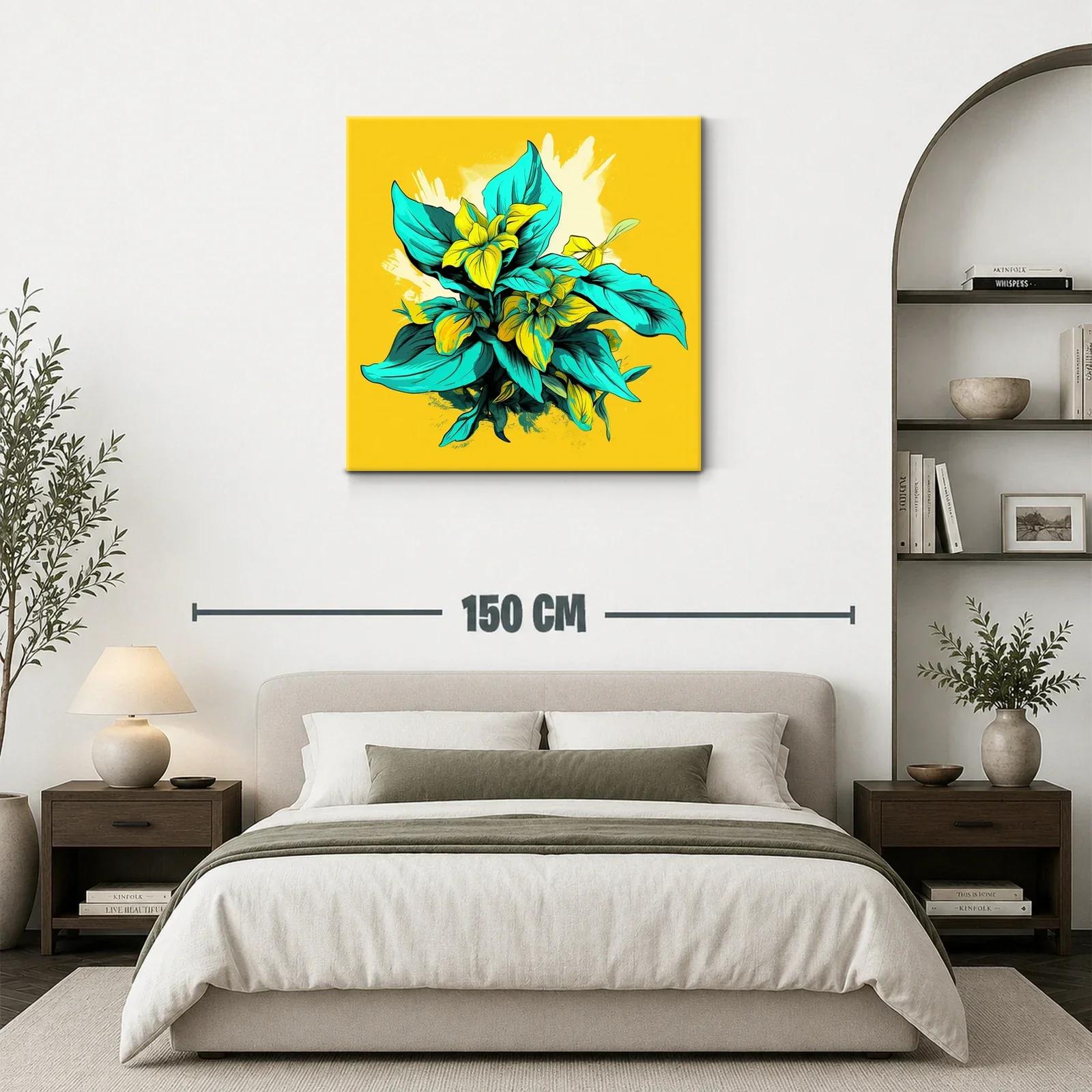 Composición Vibrante con Flores y Hojas en Amarillo y Turquesa — miniatura 3