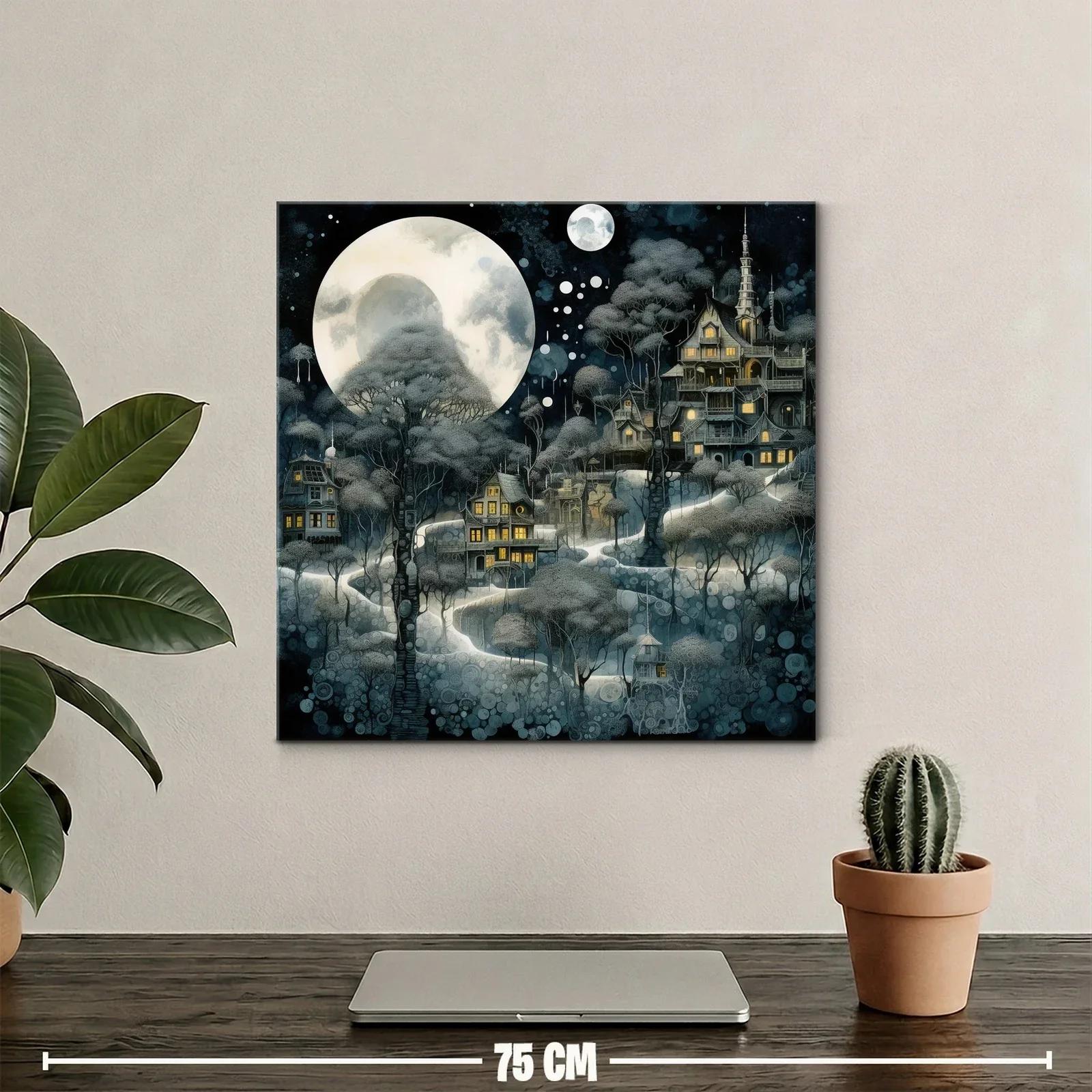 Pueblo encantado bajo la luna llena y árboles del bosque — miniatura 2
