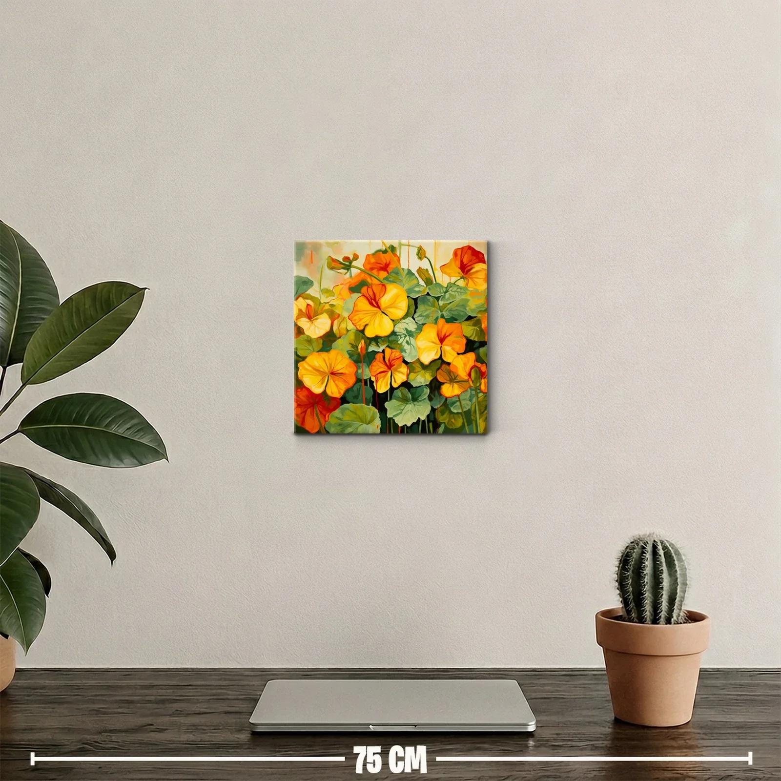 Cuadro vibrante con flores en tonos cálidos y hojas verdes — miniatura 2