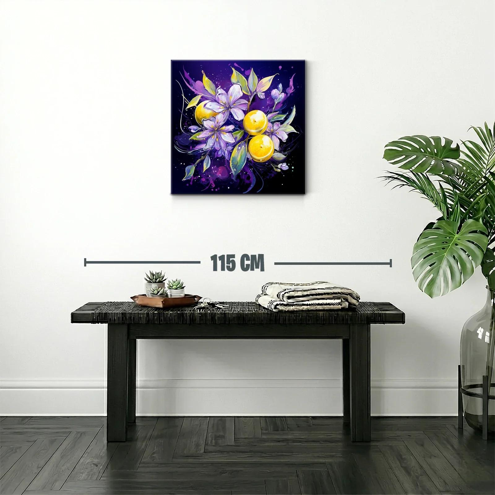 Composición vibrante con flores lilas y frutas amarillas — miniatura 2